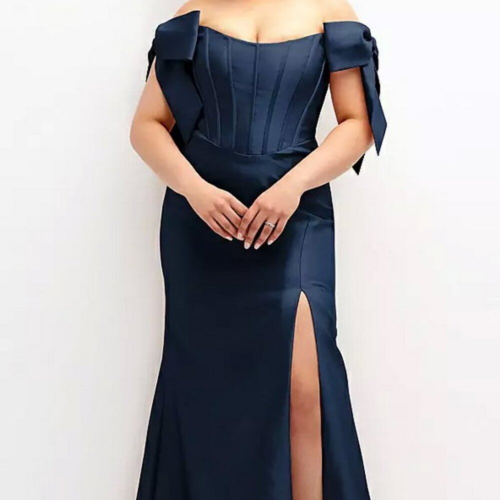 Alfred Sung Midnight Blue Off the Shoulder Bow Satin Gown D854